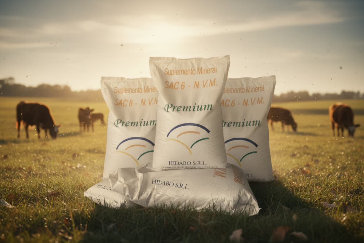 Bolsas de suplemento mineral Hidabo en el campo con ganado bovino pastando